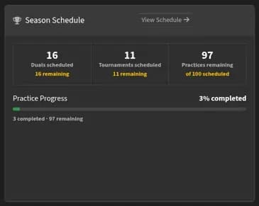 Season schedule showing hosted events on the dashboard