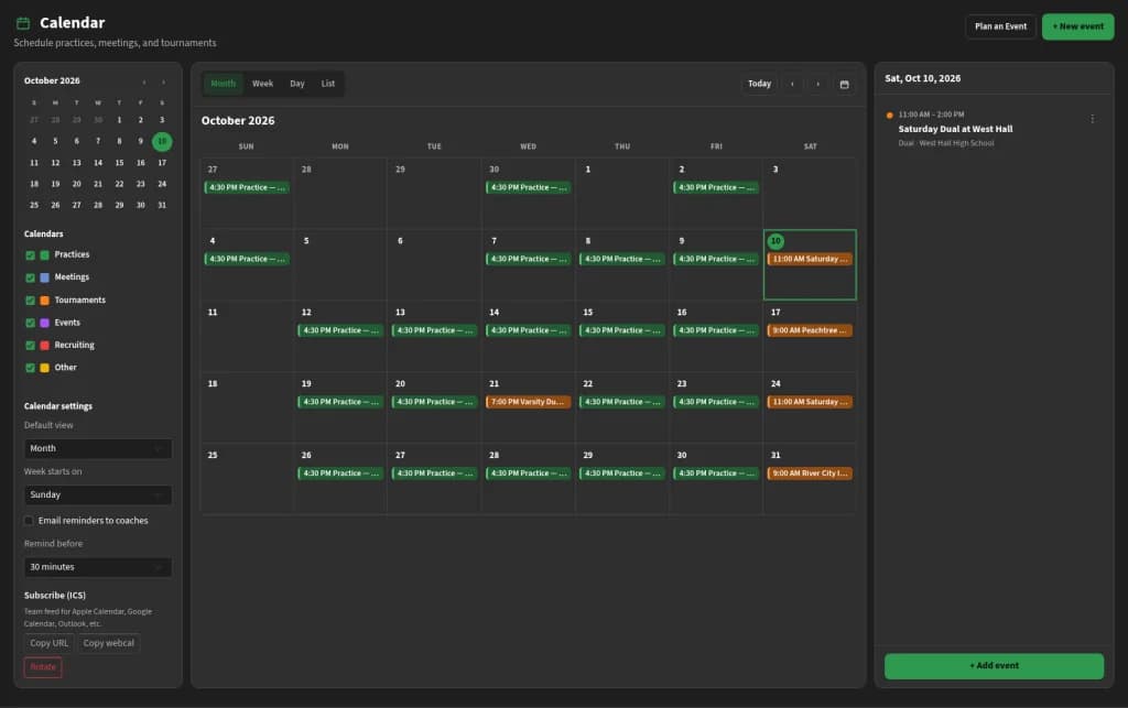Team calendar showing a month of practices, duals and tournaments